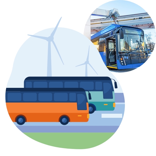 Powering A Green Future collage, bus illustration with picture of bus