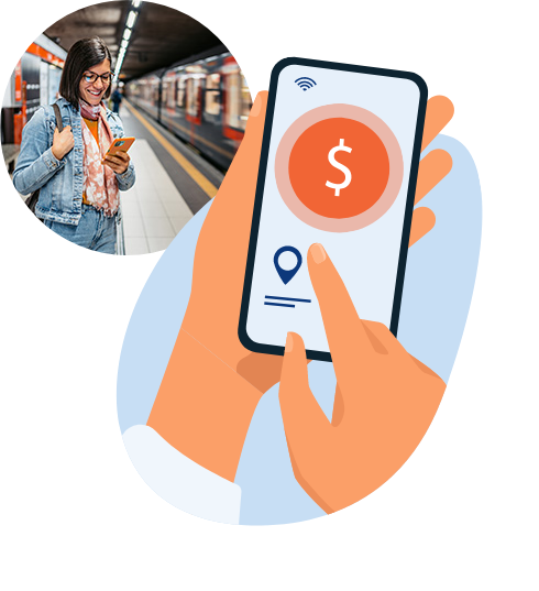 Simplify Rider Transactions Collage, illustration showing a customer paying on a phone, photo of woman at a train station